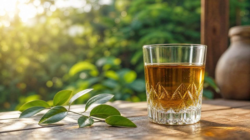 Refreshing amber tea in a crystal glass on a rustic wooden table, sunlit garden foliage bokeh.