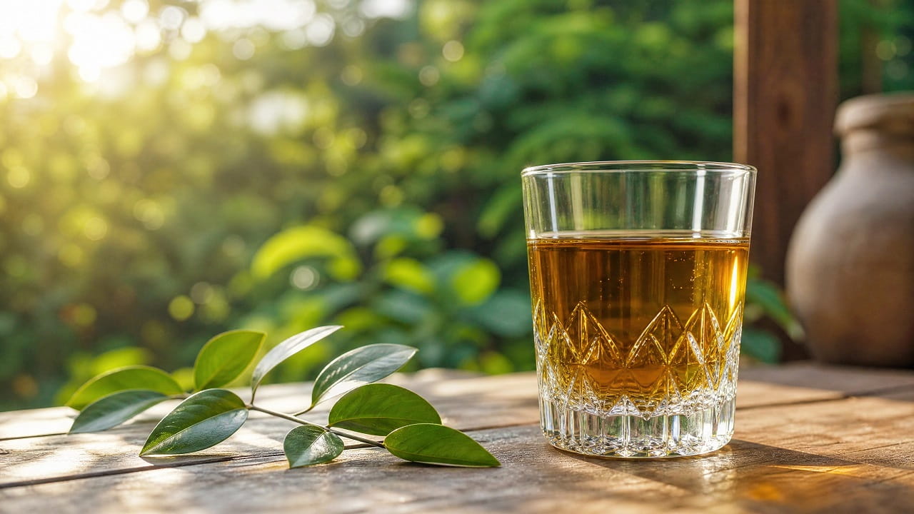 Refreshing amber tea in a crystal glass on a rustic wooden table, sunlit garden foliage bokeh.
