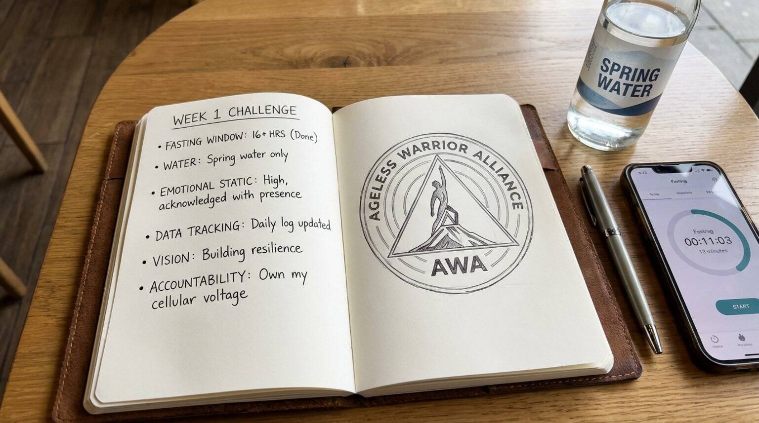 Open journal with Week 1 intermittent fasting checklist, AWA logo, fasting app, pen and spring water.