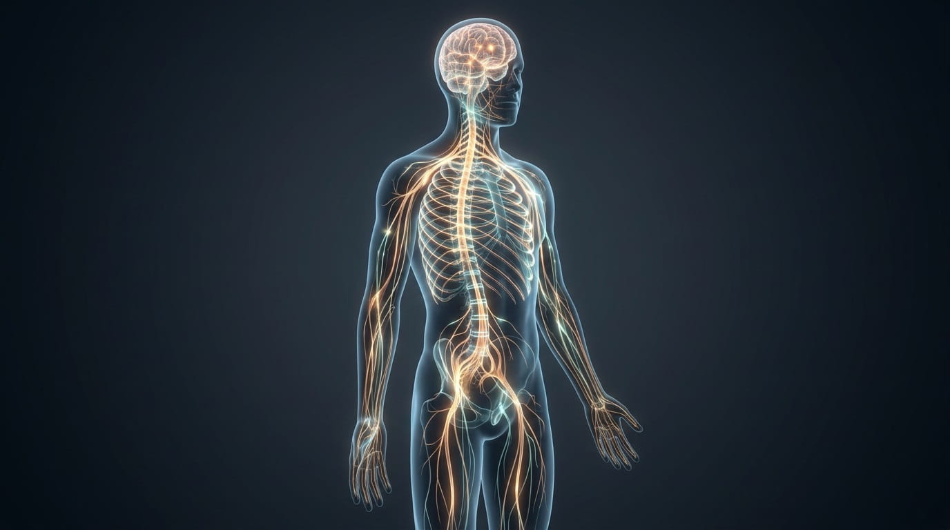 3D illustration of the human nervous system showing brain, spinal cord, and peripheral nerves.