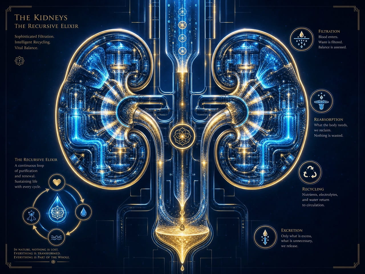 Futuristic human kidney anatomy infographic showing renal filtration, reabsorption, recycling, excretion.