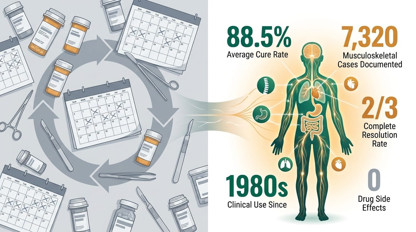 Medical infographic on musculoskeletal therapy: 88.5% cure rate, 2/3 resolution, zero drug side effects since 1980s.