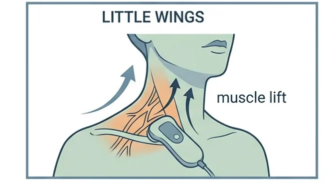 Medical infographic showing four quadrants: neck muscle lift, goggles, tummy tuck Star of David, and pain tracking.