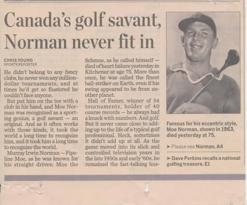newspaper clip titled Canada's golf savant, Norman never fit in.