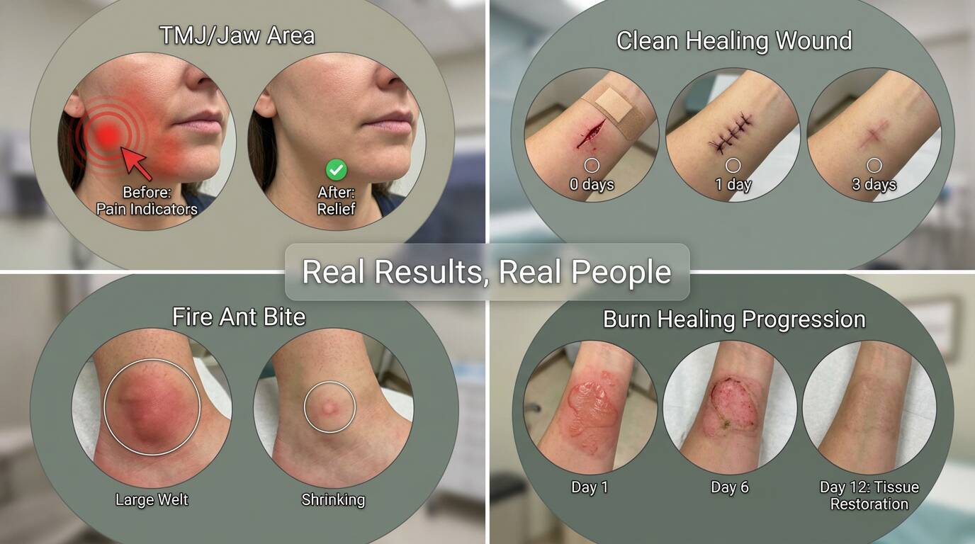 Medical before-and-after collage showing TMJ pain relief, wound healing, ant bite reduction, and burn recovery.