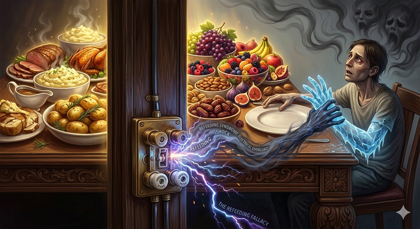 Illustration of a malnourished man before an empty plate, with feast and sparks symbolizing refeeding syndrome risks.