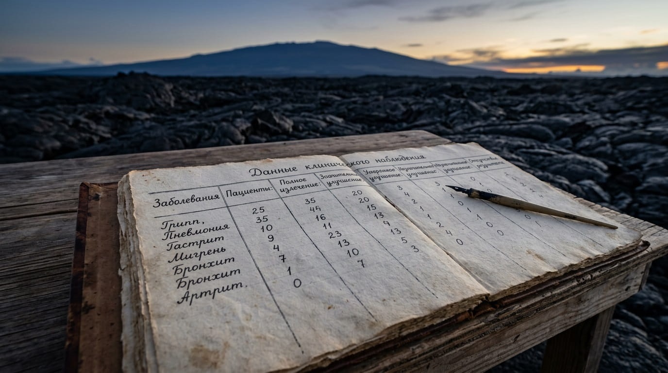Open antique Russian medical logbook with dip pen on wooden table, lava field and mountain at dusk