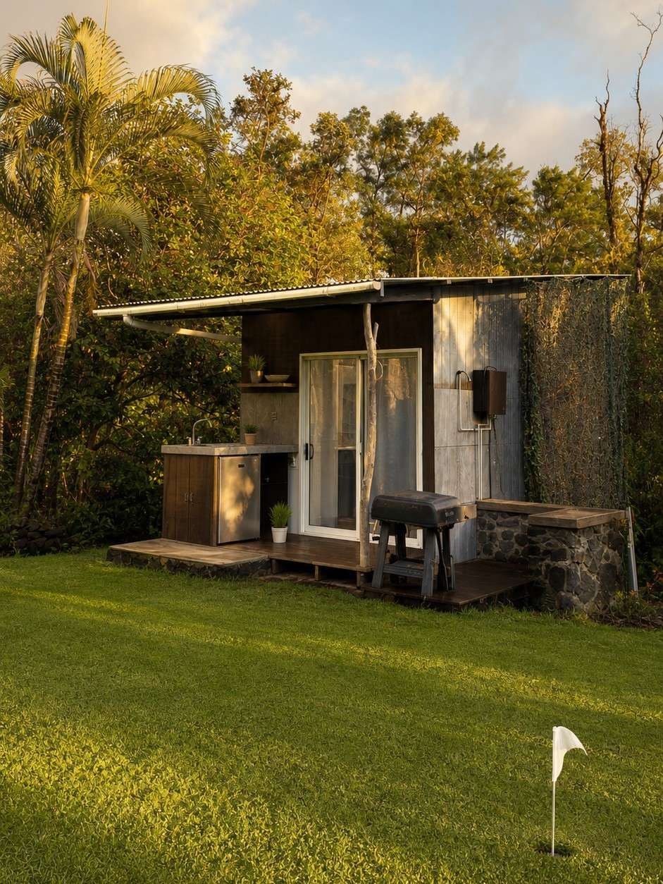 Tiny home exterior with putting green for executive fasting retreat