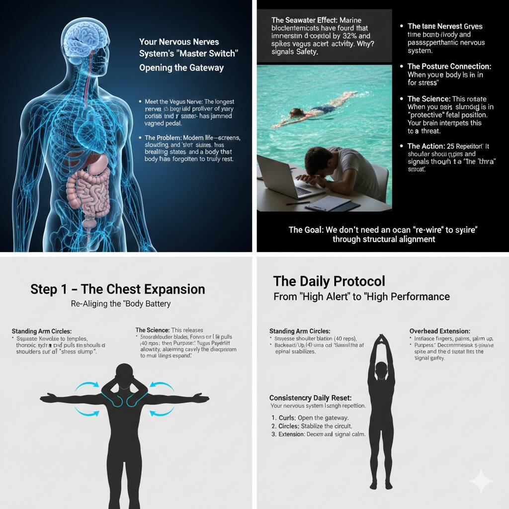 Infographic on vagus nerve, posture, and daily exercises to reset the nervous system and improve performance