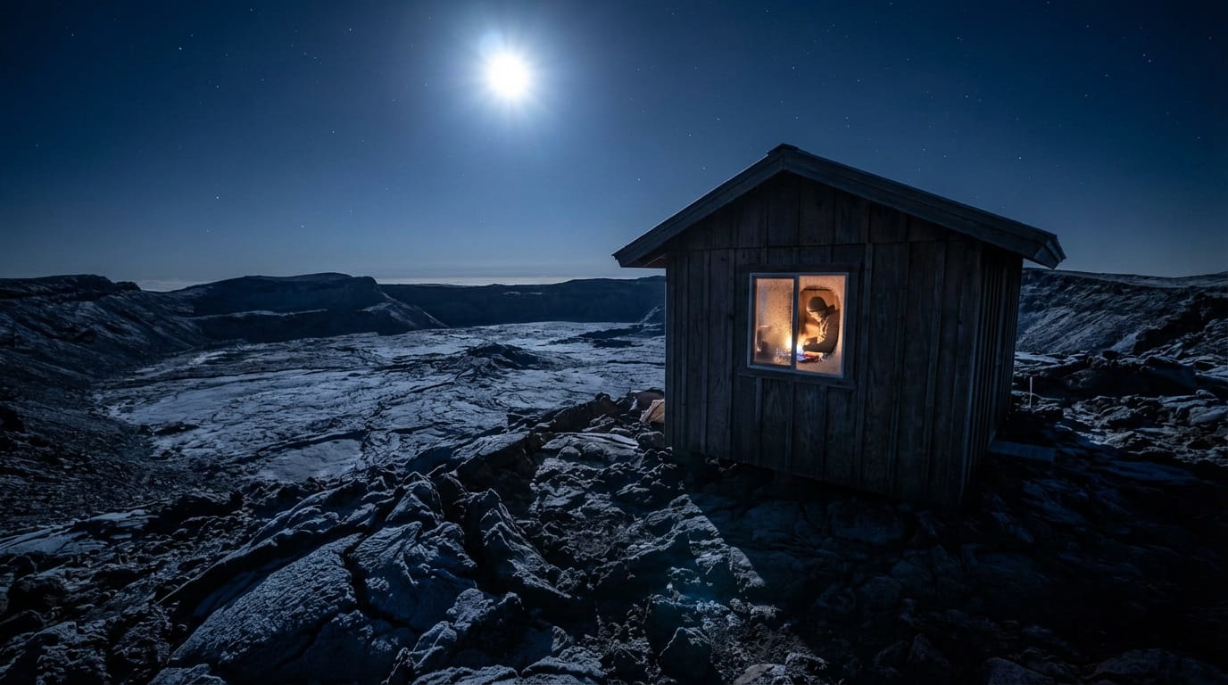 The author at the MaunaLoa summit cabin where his fasted climb nearly turned fatal. under starry sky, full moon, remote winter wilderness.